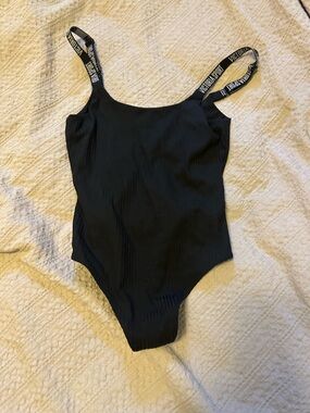 Victoria's Secret Black Ribbed Sports Bodysuit with Logo Strap